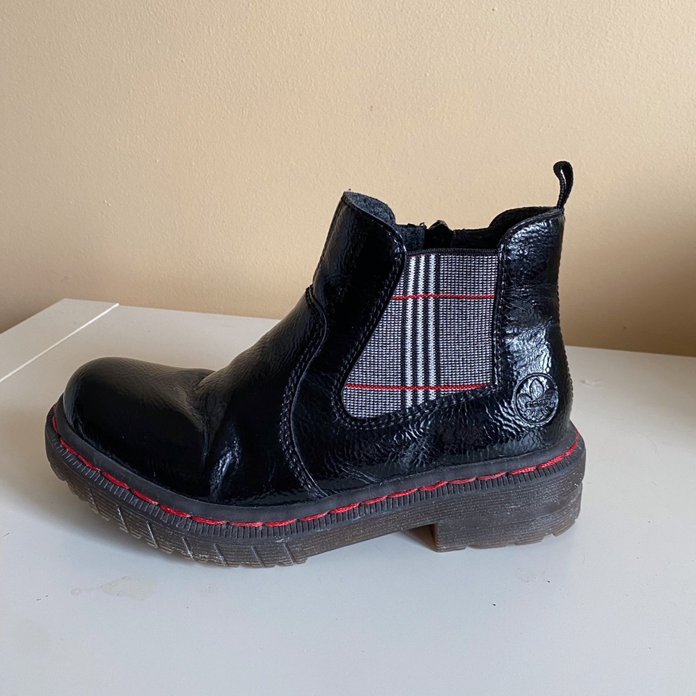 Rieker Chelsea Boots Woman 36 Patent Black Plaid Comfort Classic - Picture 2 of 10